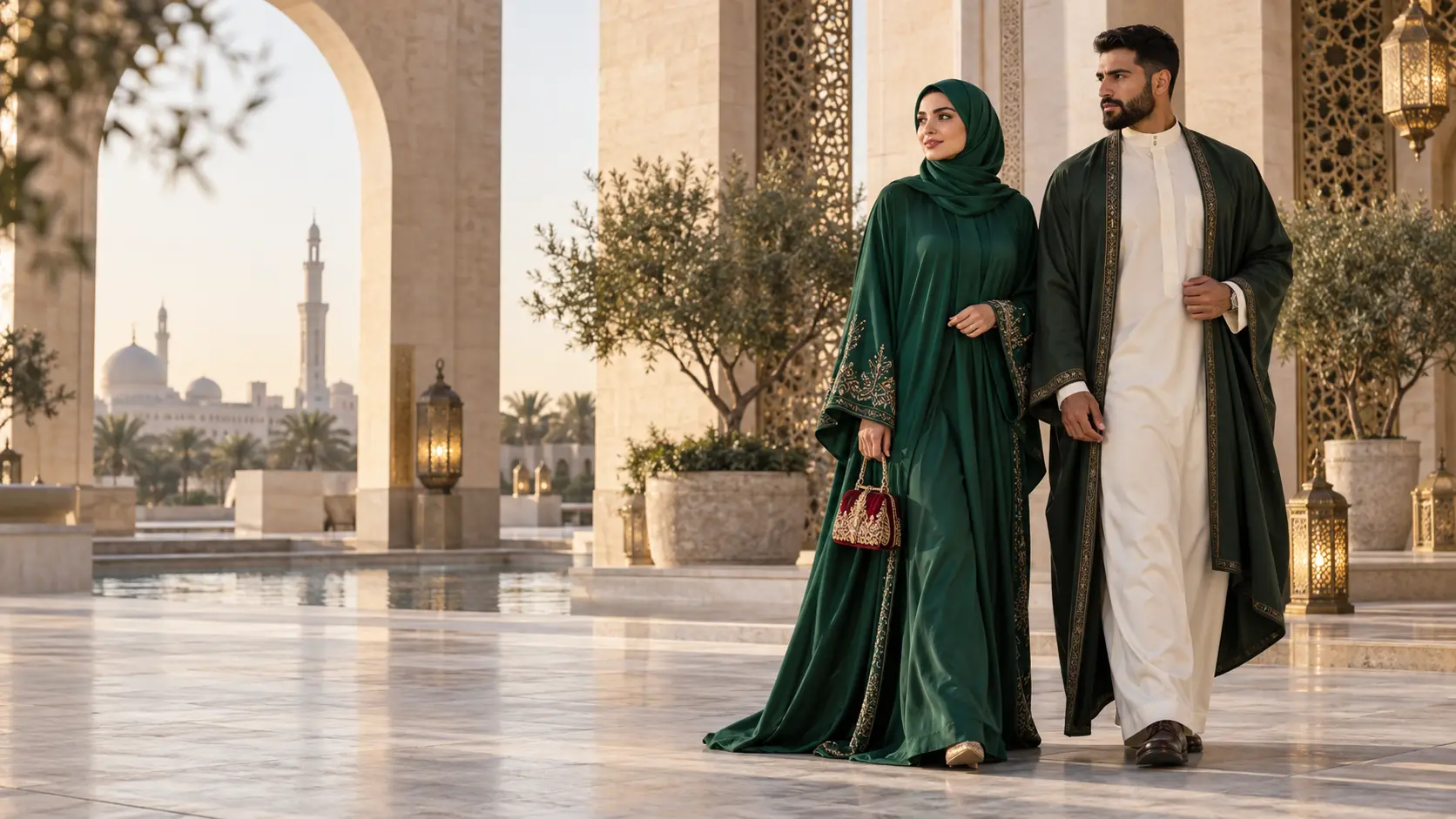 Adult models wearing coordinated emerald modest fashion