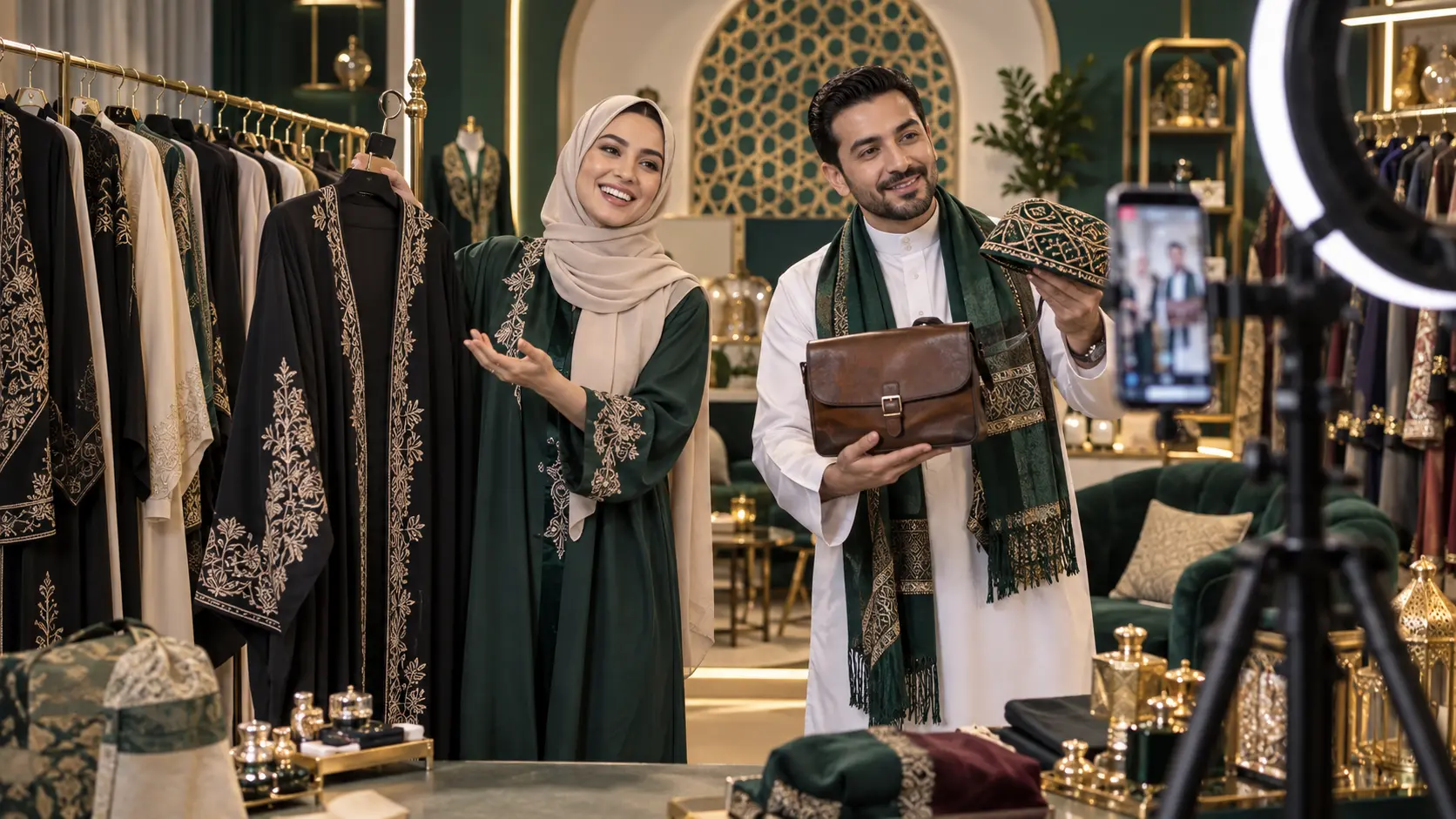 Adult Muslim fashion sellers hosting a live shopping session